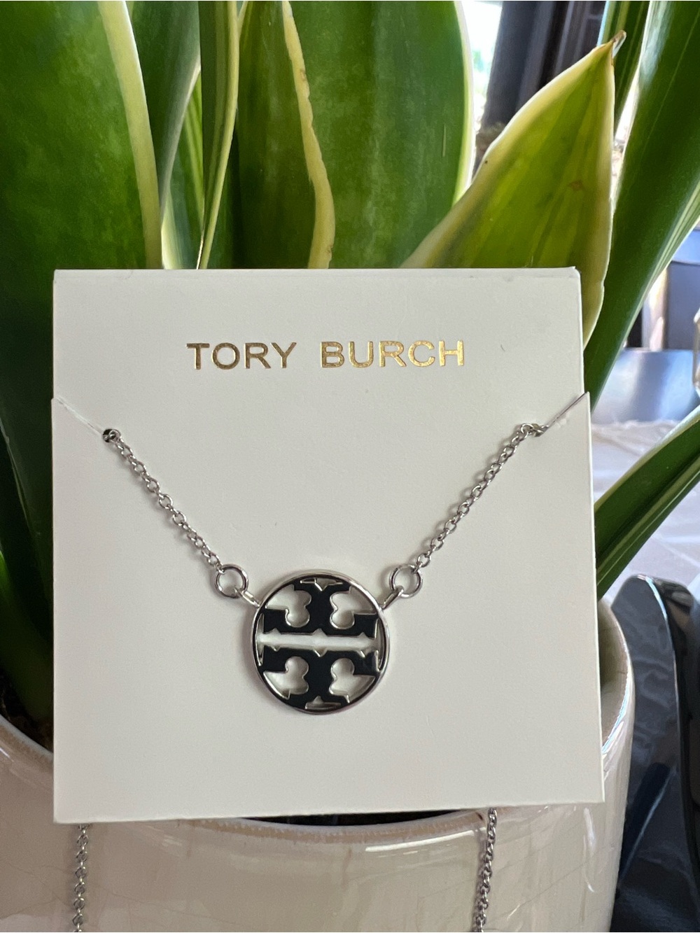 Tory Burch Dainty Light Weight Silver-Tone Logo Pendant Necklace length 18 “